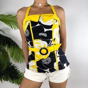 Y2K Black & Yellow Floral Retro Fairy Grunge Summer Belted Halter Top / Small